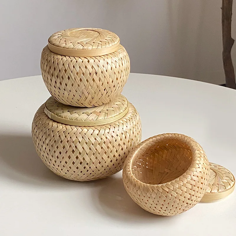 

Handmade Bamboo Woven Tea Jar Circular Double-layer Bamboo Basket Gift Storage Basket