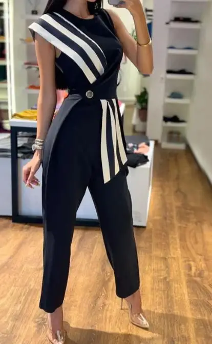 Autumn Stripe Elegant Long Jumpsuit New 2023 Hot Selling Fashion Women's Pants Round Neck Sleeveless Waist Wrap