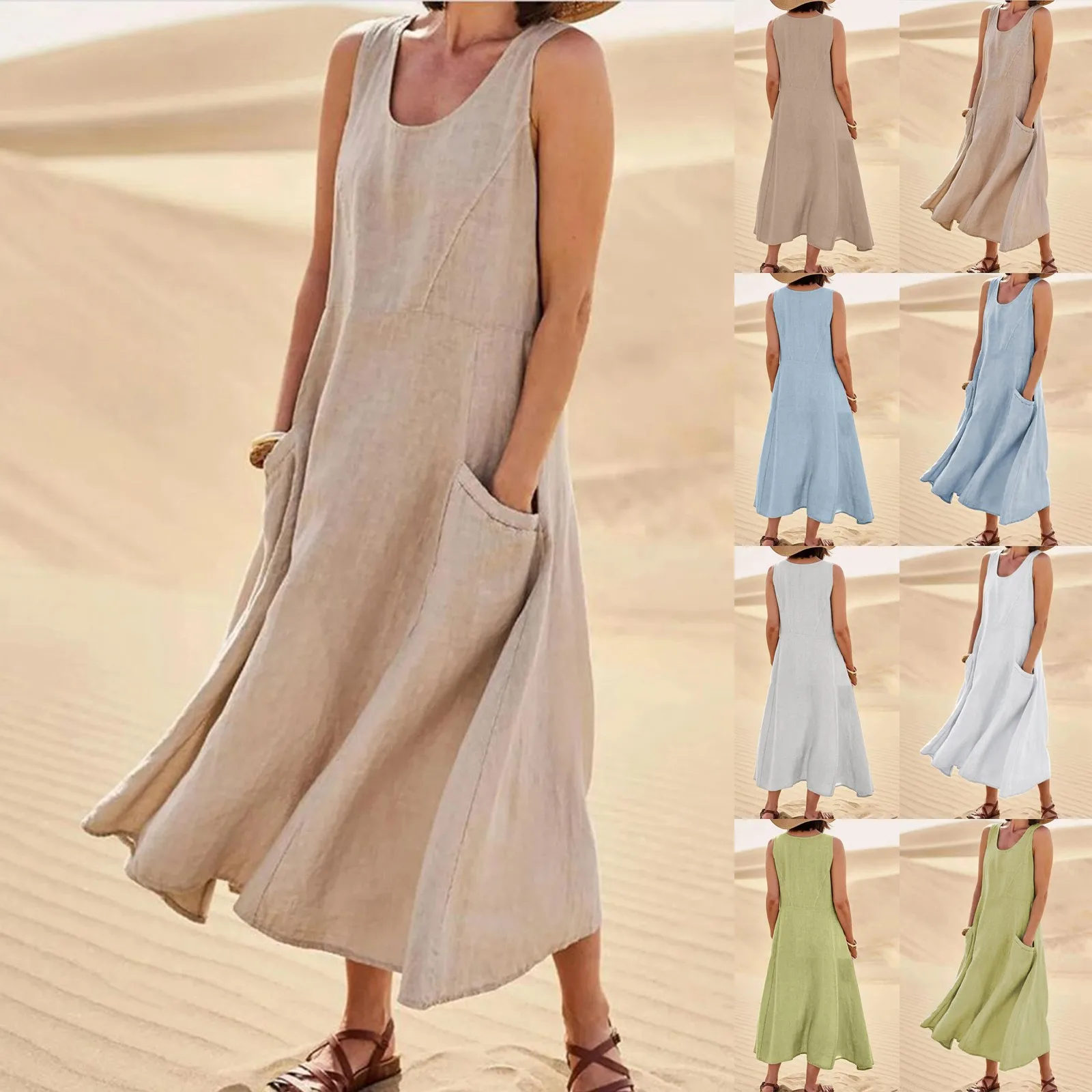 

Daily Fashion Clothing 2024 Women'S Fashion Casual Solid Colour Sleeveless Cotton Linen Pocket Spring Summer Beach Female Dress