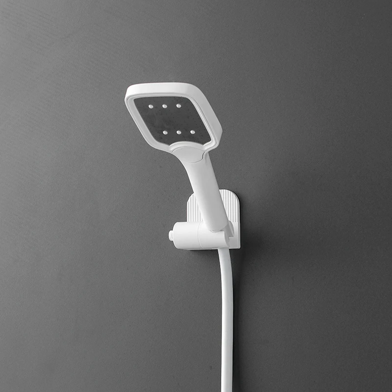 Self-Adhesive Shower Head Holder with Storage Hook Wall Mounted Punch-Free ABS Plastic Shower Holder Bathroom Base White