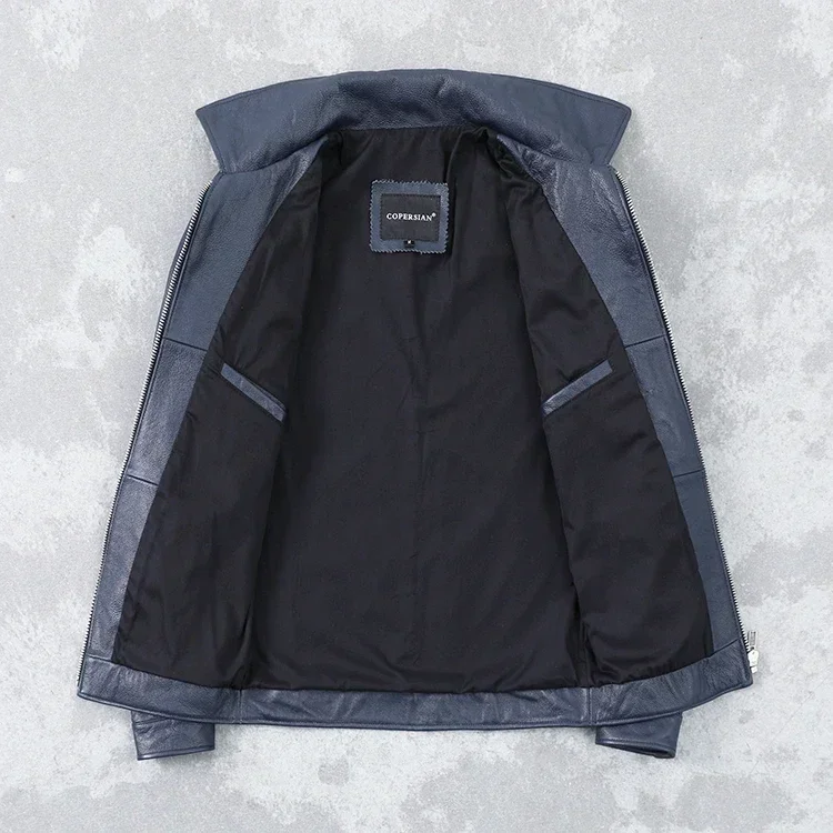 Description Picture 3 of item.2021 new fashion new cheap blue cowhide jacket.men short slim genuine leather coat.father casual leather cloth