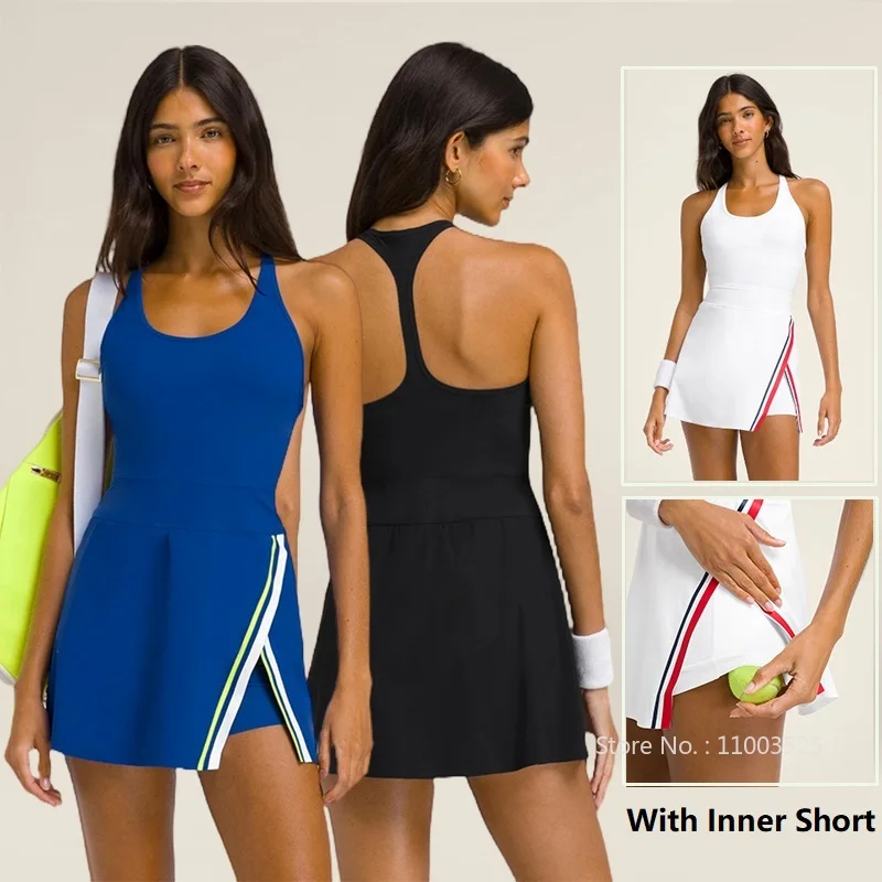 Women Golf Tennis Dress with Shorts Inside Backless Badminton Dress Lady Sleeveless Slim Sports Skirts Split Gym Skorts