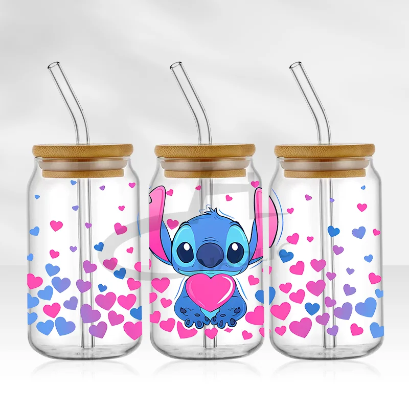 UV DTF Cup Wrap 16oz Blue Cartoon Transfers Libbey Wrap Tumbler Stickers Glass Can Self-adhesive Waterproof