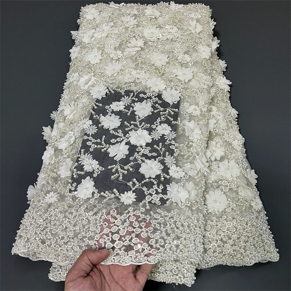 

2023 Fashion African High Quality Nigeria Sequins Tulle Lace Fabric Embroidery Wedding Party Guipure Dress Beads Stone 5Yards