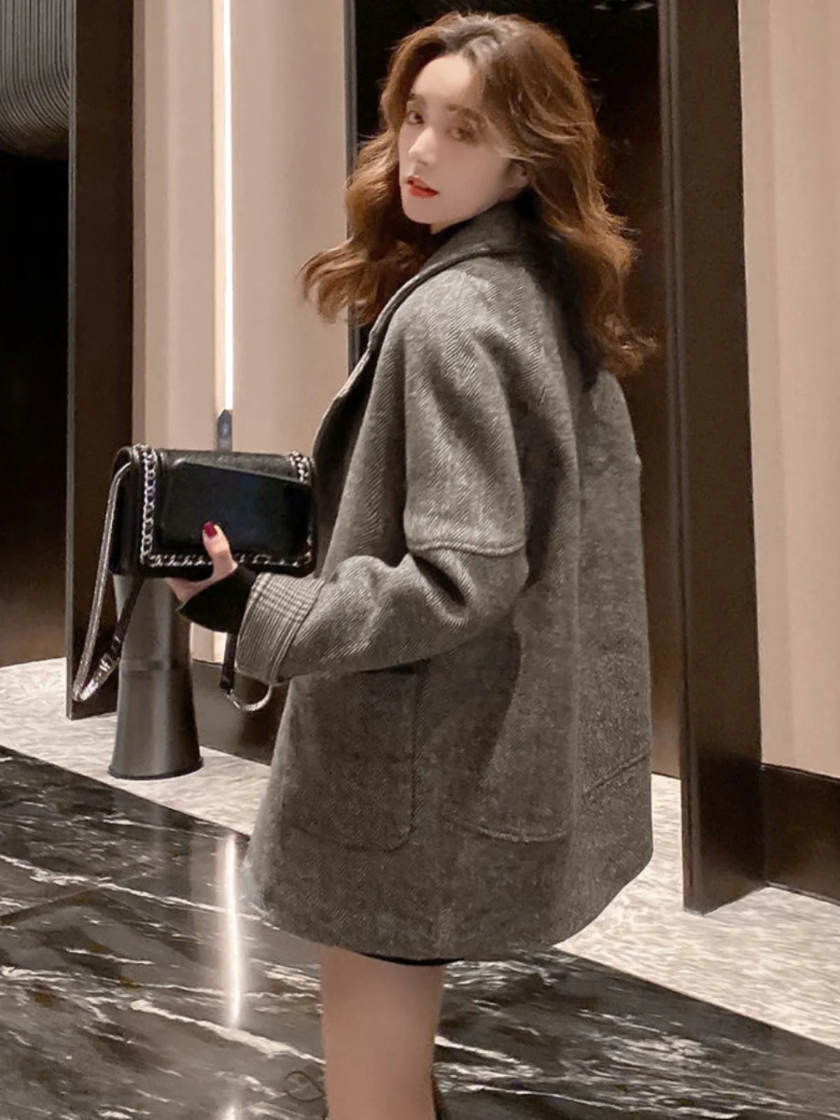 Retro Woolen Jaet Cotton Thiened Medium Length Double Row Button Sli Autumn Winter Faion Ladies' Coat