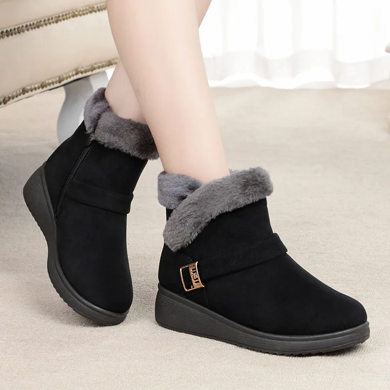 Warm Snow Boots for Fashion MATURE LEISURE Flat with Round Toe Buckle Strap Solid Casual Women Shoes Black Women Boots