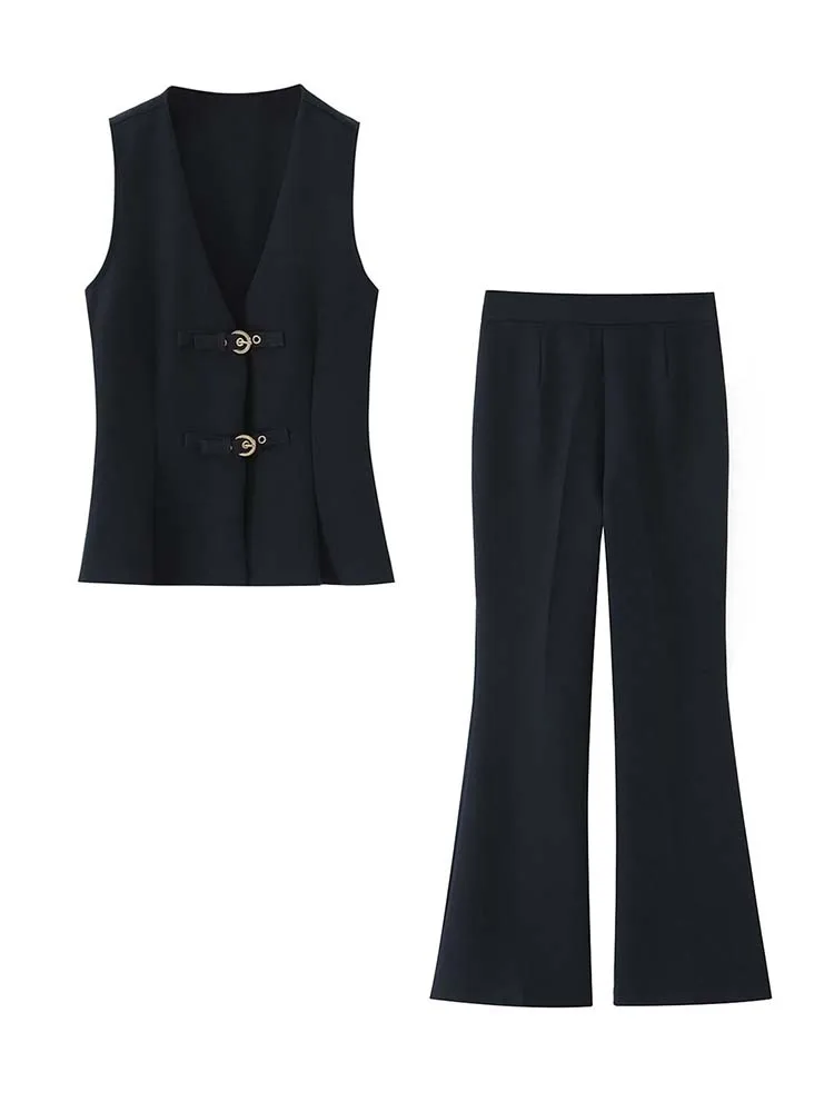 2025 New Women Two Pieces Sets  Fashion Metal Button Top + Flare Trousers Two Pieces Women Bodycon Set Woman Outfits