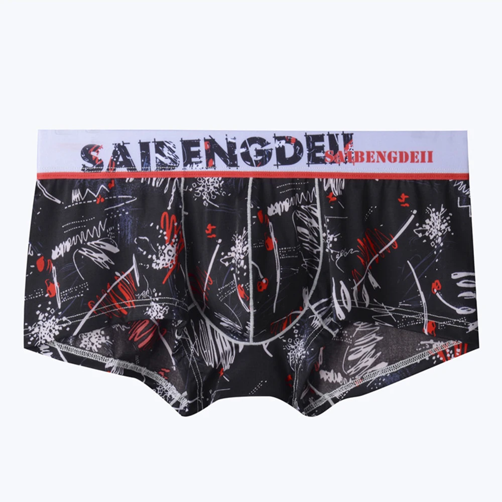 Boxer Briefs Mens Sexy Printed Underwear Mid Rise Panites Male Soft Boxer Short Ice Silk Seamless Underpants Comfortable Trunks
