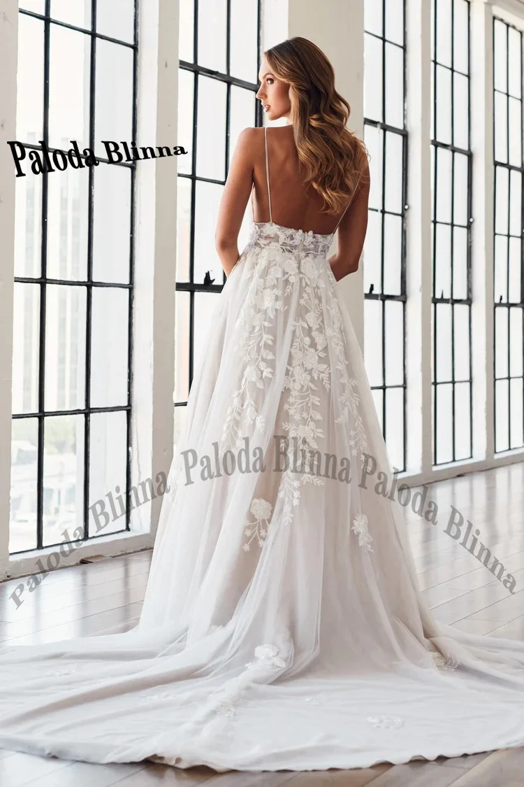 Paloda Modern V Neck Wedding Dresses 2023 Bride Spaghetti Straps Backless Tulle Appliques Vestido De Casamento Customised 2