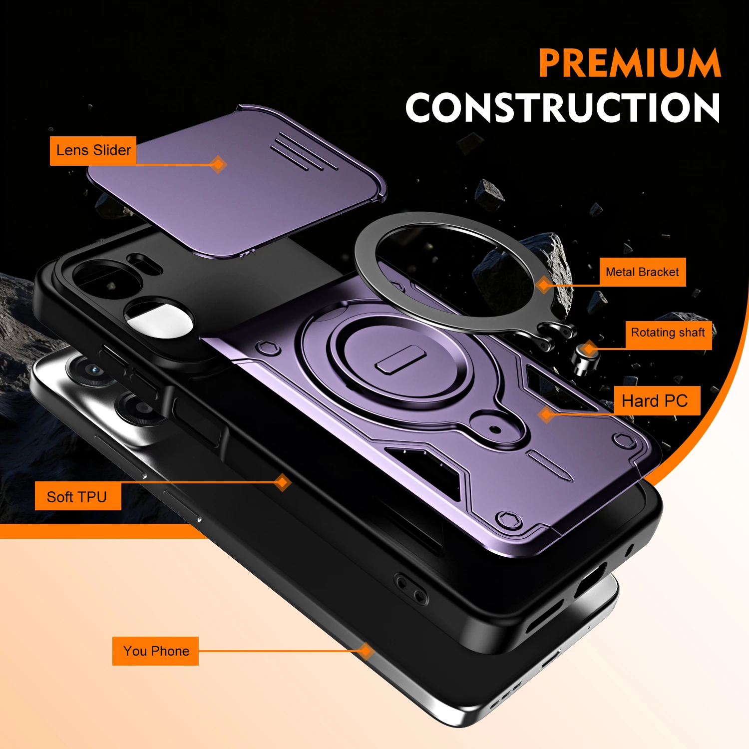 Rugged Armor Shockproof Phone Case with Slide Camera Lens Protection and Ring Stand