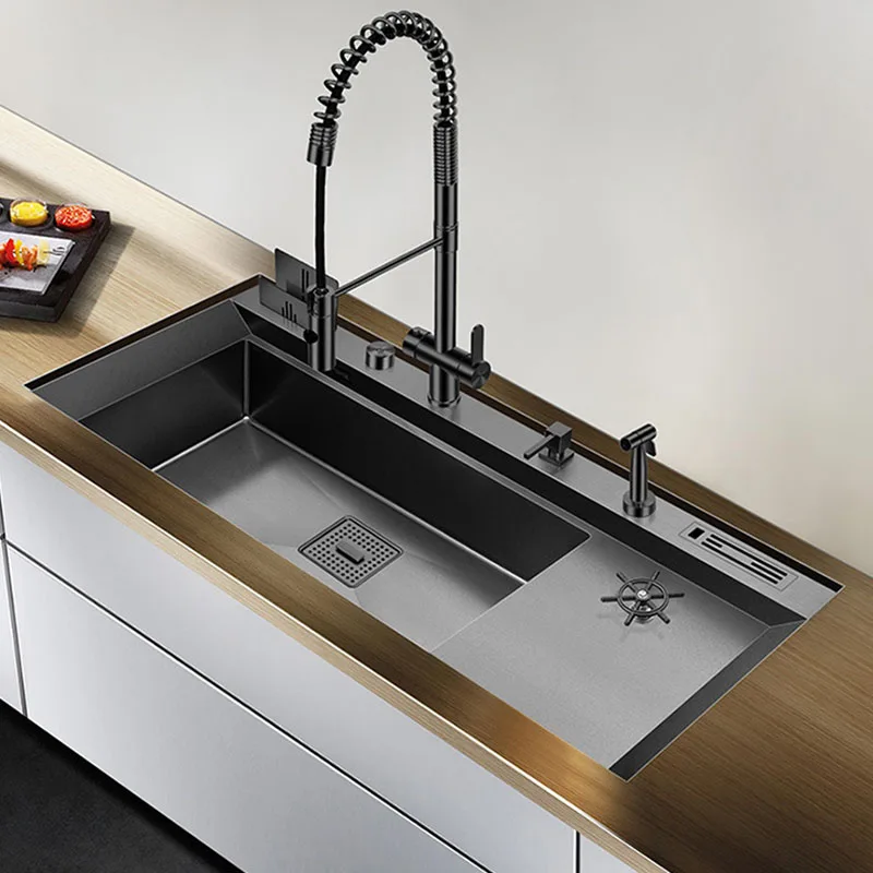 ASRAS 11850-NT Nanometer Large Size Single Cup Rinser Kitchen Sink 4mm Thickness 220mm Depth With Drain Plate Knife Holder Sinks