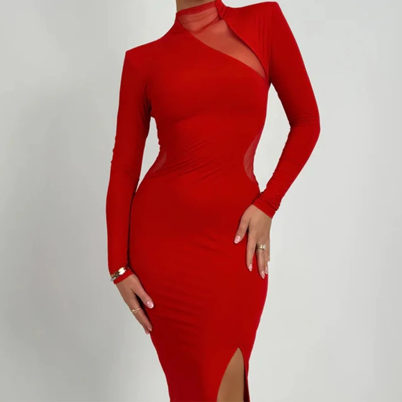 

Sexy Side Slit Slim Robe Dress Fashion Solid Long Sleeved Bodycon A-line Dress Women's O-neck Mesh Perspective Club Party Dress
