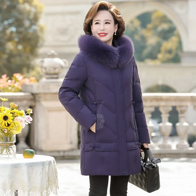 2023 New Women Down Jacket Winter Coat Female Keep Warm Thick Parkas Loose Long Outwear Artificial Fur Collar Hooded Overcoat