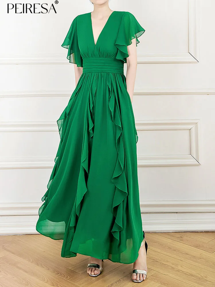 

PEIRESA High Quality Summer Women Fashion Runway Party Maxi Dress V Neck Ruffles Sleeve Slim Waist Vintage Long Dresses Summer