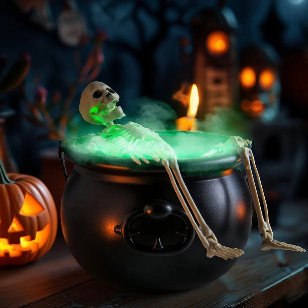 Black Cauldron Bucket Trick Or Treat Halloween Candy Bowl LED Mist Maker Skeleton Witch Cauldron Pot for Halloween Atmosphere