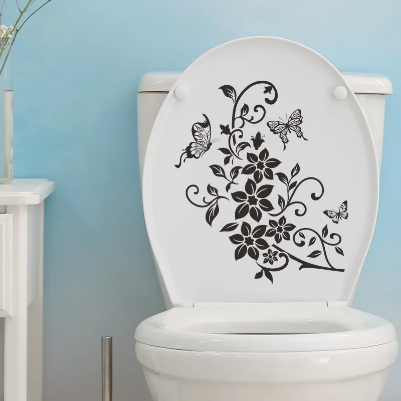Art Black Flower Rattan Butterfly Toilet Cover Sticker Pvc Impermeabile Bagno Wc Decorativo Decorazione Autoadesiva
