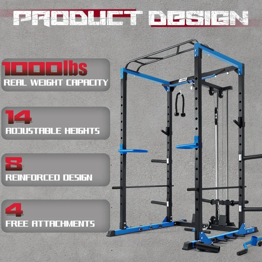 All-in-One Squat Rack for Home Gym, Multi-Function 1000 LBS Capacity Power Cage with LAT Pulldown, Pulley System, Dip Bar