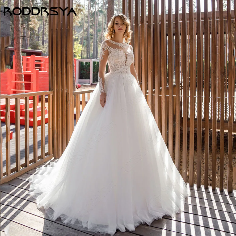 

RODDRSYA Rmoatic Long Sleeves Wedding Dress A-Line Scoop Neck Applique Illusion Back Robe De Mariée Bride Gown Custom Made