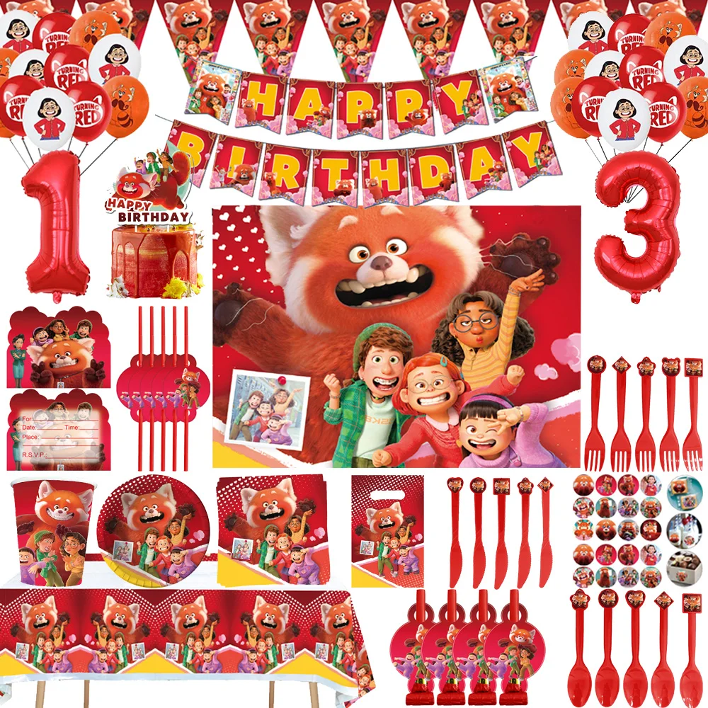 

Disney Turning Red Birthday Party Decorations Disposable Tableware Paper Cup Plate Tablecloth Balloons for Kids Party Supplies
