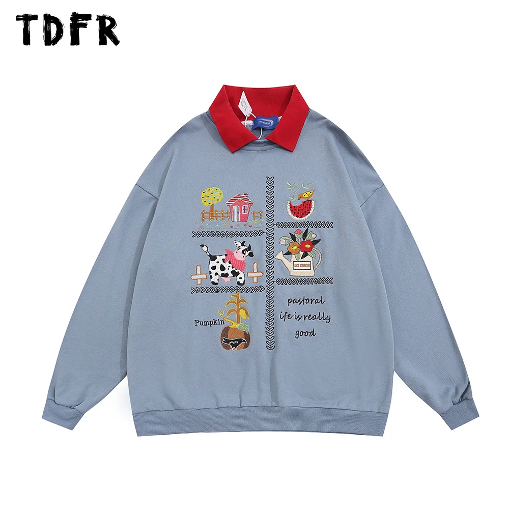 

Cartoon Embroidery Lapel Sweatshirts Mens Autumn Retro Casual Loose Long Sleeve Sweatshirts Men