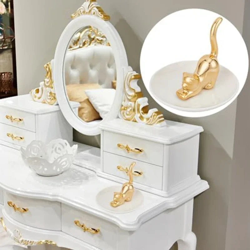 Cats Posture Ring Holder Golden Kitty Tail Dish Jewelry Tray Ring Round Dishes Trinket Tray Ceramic Jewelry Storage Home Durable 3