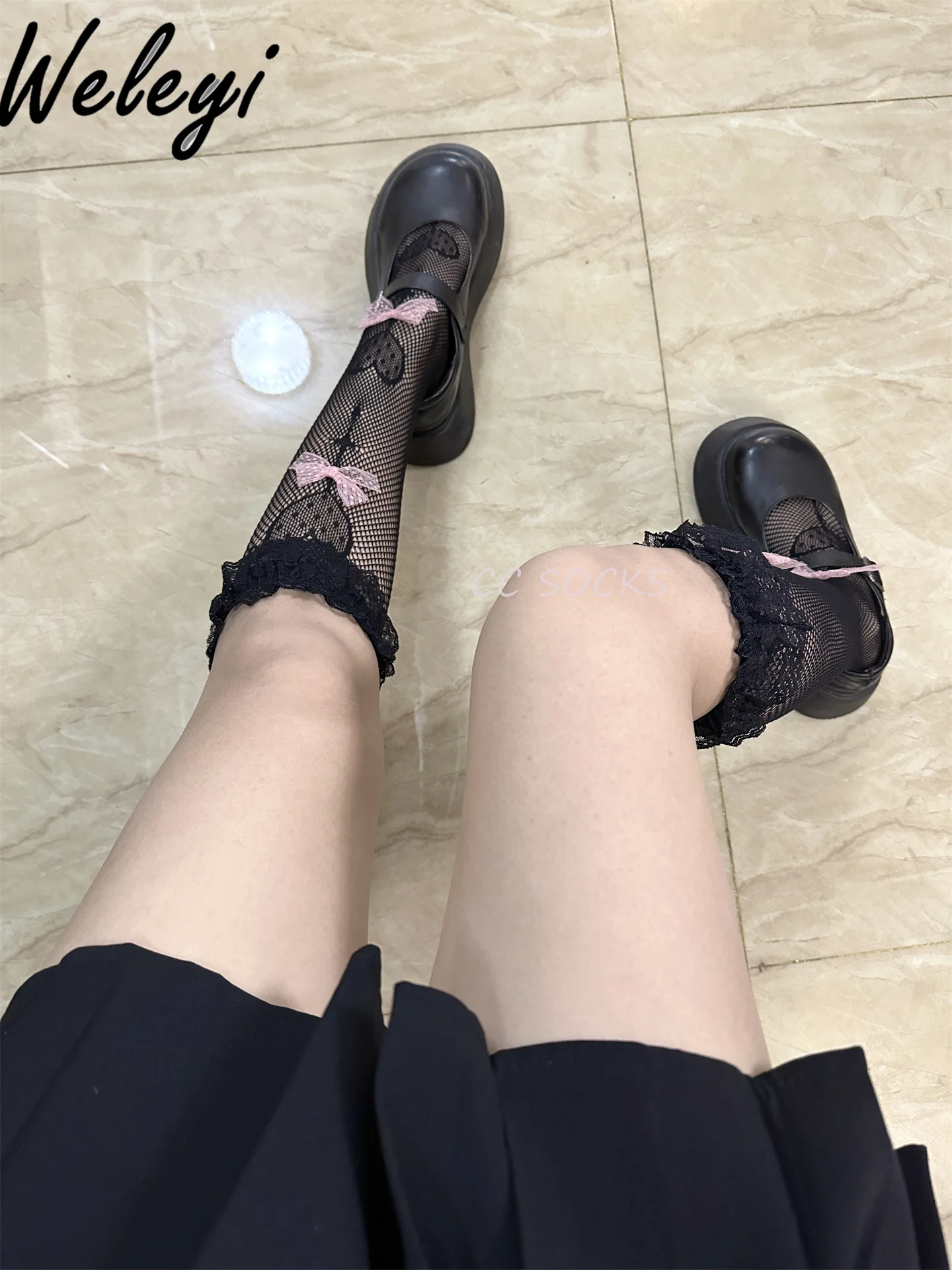 Lolita Sweet Cute Lace Leg Mesh Socks for Women Japanese Ladies Kawaii Sweet Heart Shaped Bow Jk Fishing Net Middle Tube Socks