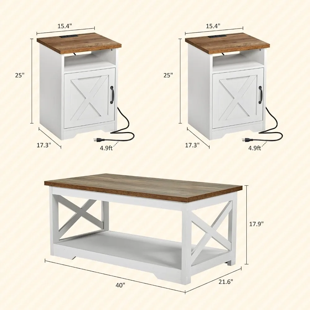 5-Piece Set 63" TV Stand with 26" Fireplace, 40" Coffee Table, 2 End Tables with Charging Station & USB Ports,Living Room Table