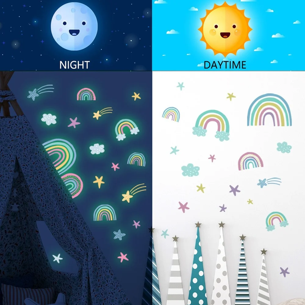Luminous Wall Stickers Fluorescent Stickers Cartoon Luminous Wall Stickers Glow In The Dark Fluorescent Rainbow Wall Decal for Kid Rooms Bedroom Ceiling Nursery Home Decor