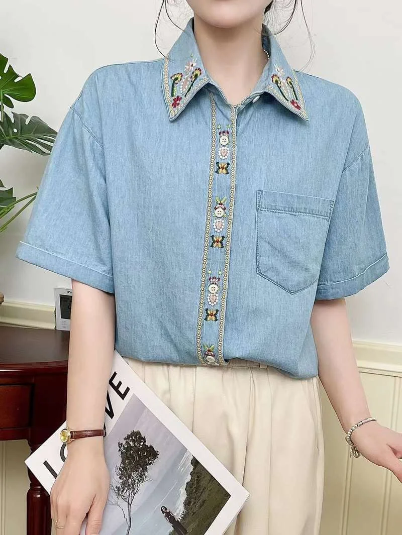 여성용 하라주쿠 패션 데님 셔츠 및 블라우스, 일본 스타일 자수 청바지 셔츠, Y2K 빈티지 탑, 여름