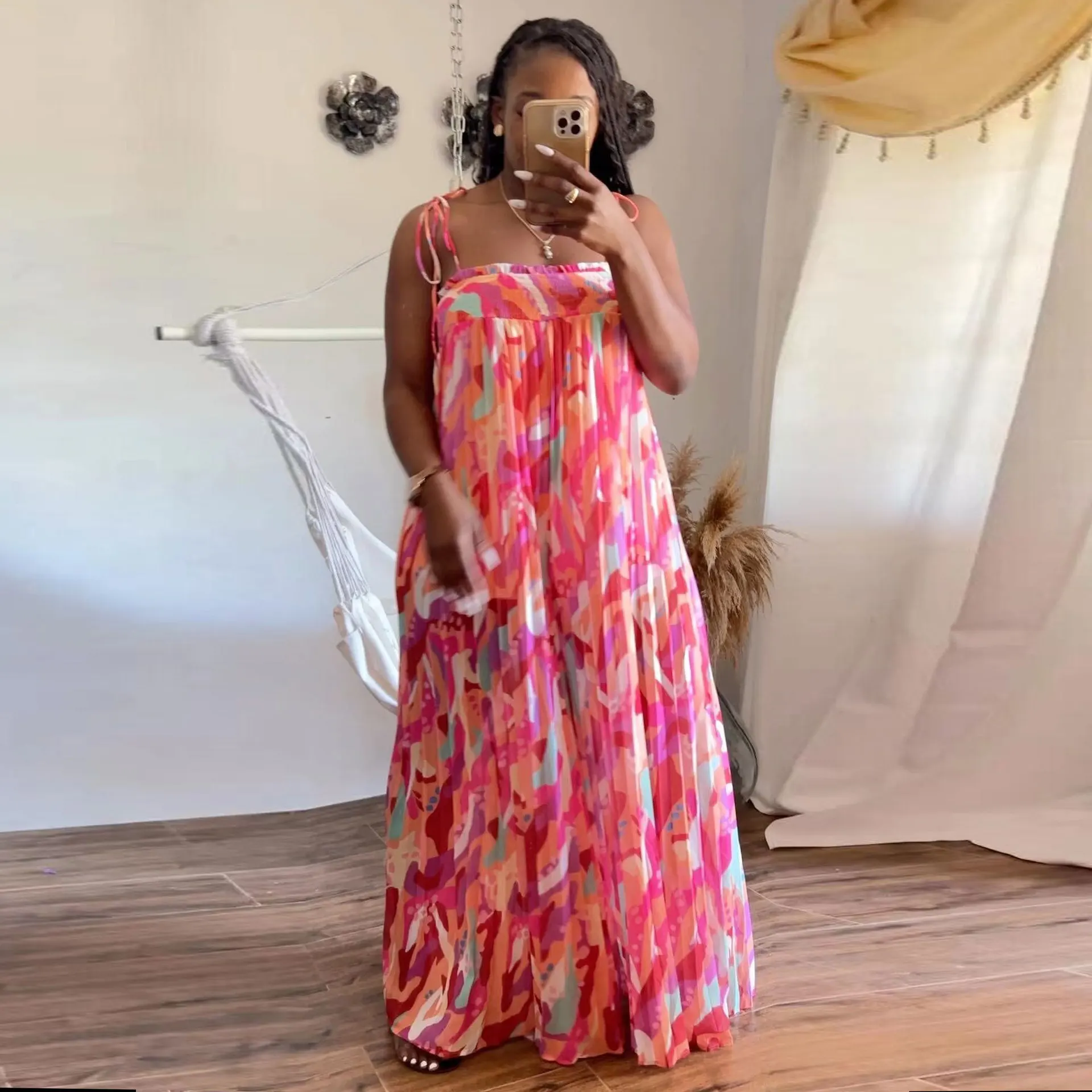 

Women Bohemian Style Aesthetic Print Wide Leg Jumpsuit Summer Spaghetti Strap Sleeveless Fashion Pleated Robe Vacation Outfit