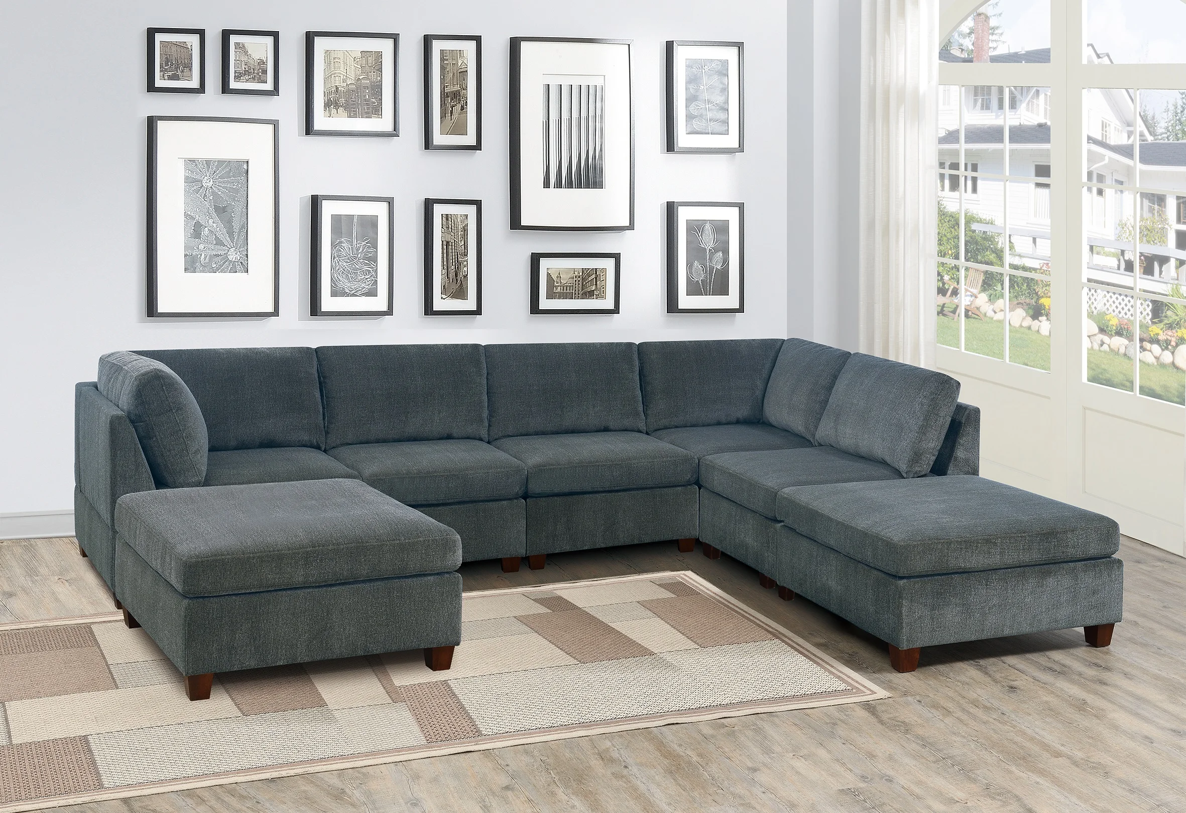 

Living Room Furniture Gray Chenille Modular Sectional 7pc Set U-Sectional Modern Couch 2x Corner Wedge 3x Armless Chairs and 2x