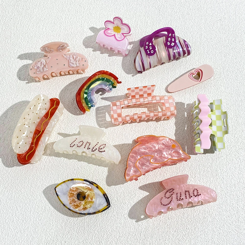 Acetate Pink Rainbow Eye Flower Lattice Hamburger Hair Clip Claw For Women Temperament Ponytail Barrette Hair Accessories 2023