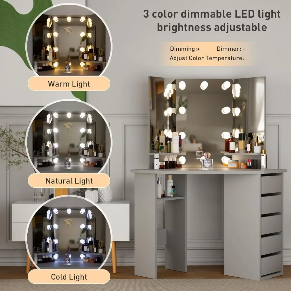 Corner Vanity Desk, Modern Vanity Desk with Drawers and Mirror, Grey Makeup Vanity with Lights, Small Table Makeup Desk 3
