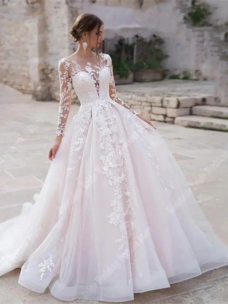Round Collar Long Sleeves Wedding Dresses Bright Backless Bridal Gowns A Line Mopping Length Ball Vestidos De Novias Customized 4