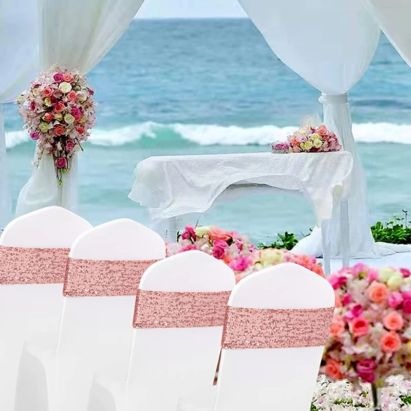 10 Pieces Quality Shiny Sequin Luxury Rose Gold Chair Belt Tie Cover