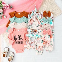 4PCS Autumn New Style Baby From 0 To 6 Months Casual Fashion, Multi-Color Pit Strip Letter Printed Hat Suit + Headscarf Hat