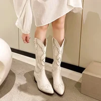 Vintage Square Head Thick Heel Cowboy Boot for Women Embroidered Western Cowboy Boots Side Zipper Shoes Autumn Pointed Boots - Image 3