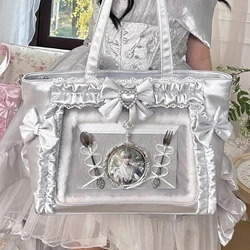 Sweet & Stylish Ulzzang Ita Bag with Lace Bow Ribbon - Cute & Trendy Shoulder Tote - 35X28X12CM (Silver Only Bag)