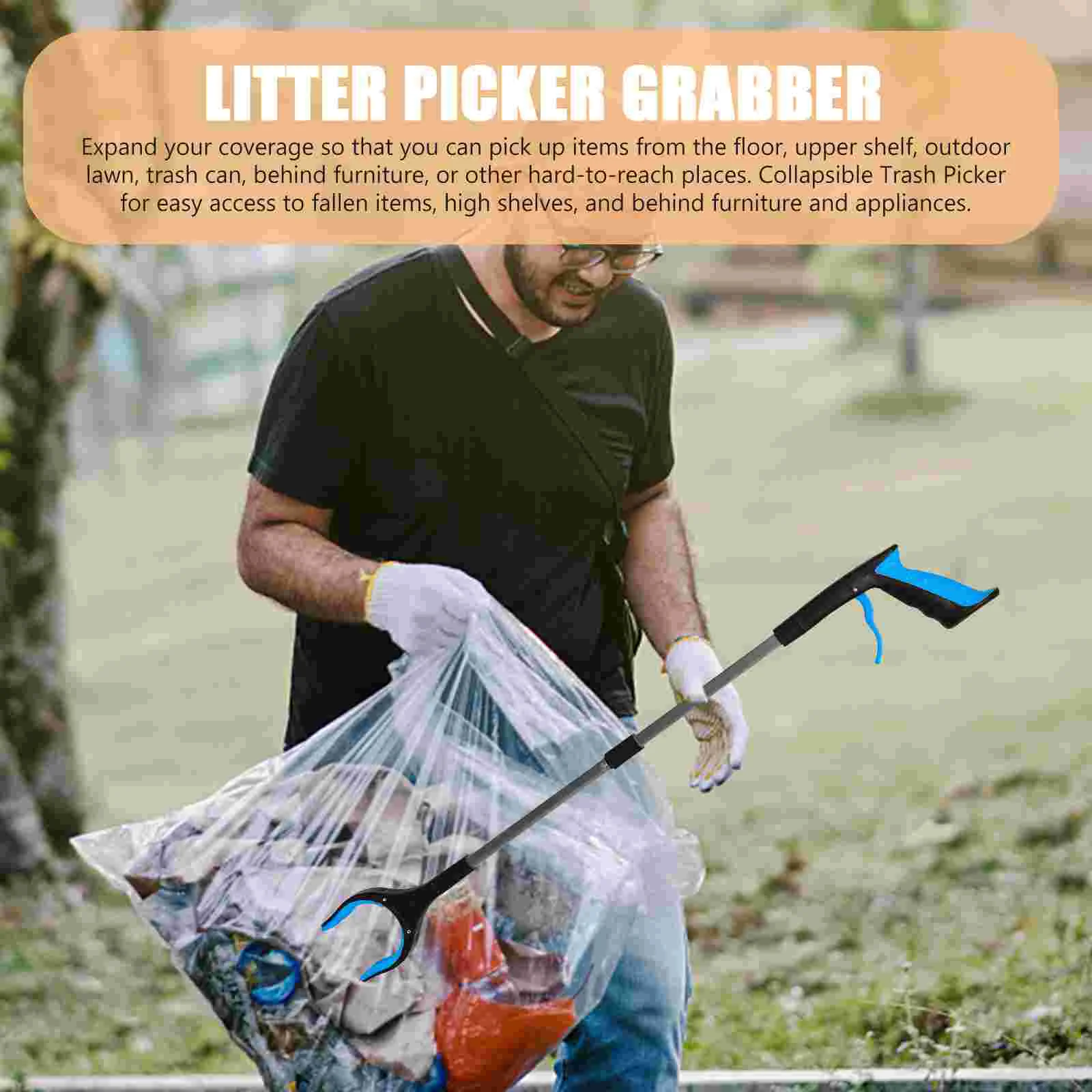 Grabber Folding Trash Can Litter Picker Portable Quick Clamps Pickup Sticks Blue Tool Heavy Duty 3