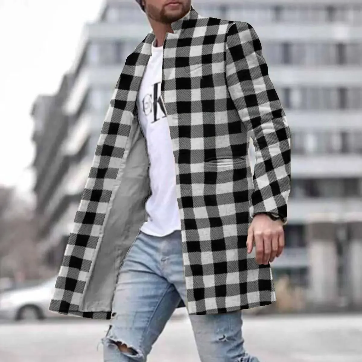 new spring print new men's street youth woolen stand collar medium length pocket casual coat trench coat men techwear
