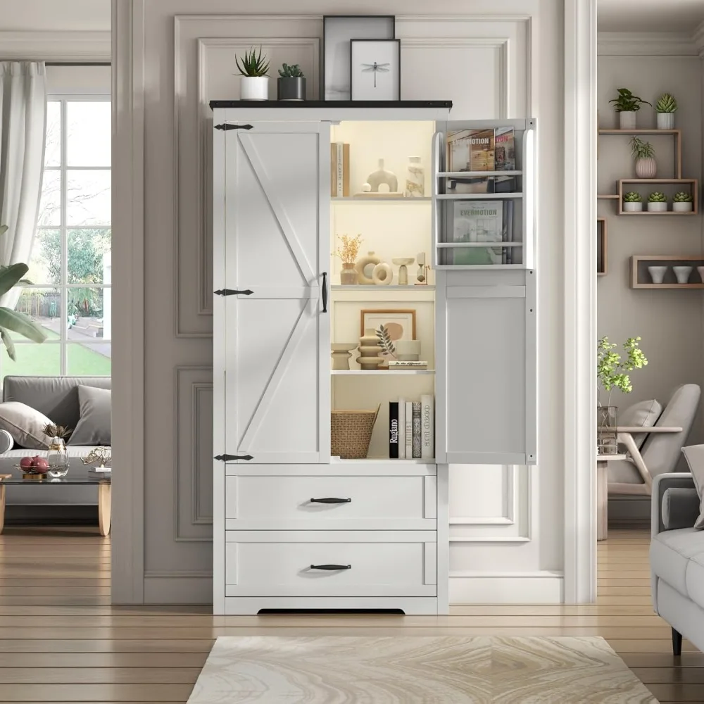 Tall Farmhouse Kitchen Cabinet with Sensor Light, Kitchen Pantry Cabinet with 2 Large Drawers and Adjustable Shelves