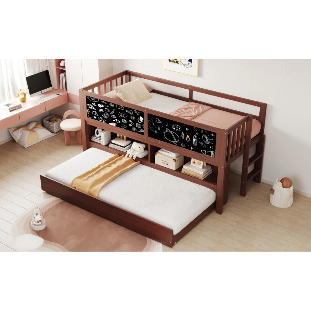 90x200cm ausziehbares Bett, mit Graffiti-Brett und offenem Stauraum, Kinder-Etagenbett aus Massivholz mit Kletterleiter, (ohne Matratze) – Detail 31