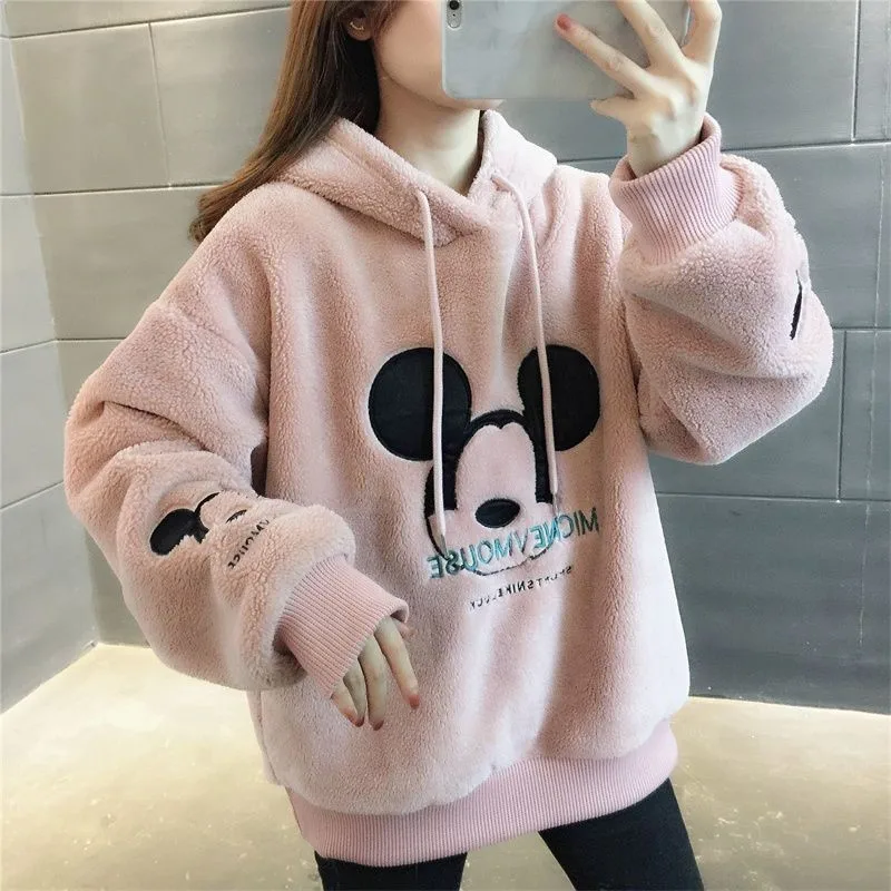 Disney Cute Mickey Minnie Mouse Hoodies Women Autumn Winter Pullover Tops Cartoons Femme Plus Velvet Clothes 5