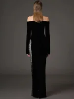 HIGH STREET Newest 2026 Designer Vestido Women's Diamonds Beaded Slash Neck Off The Shoulders Patchwork Gauze Long Maxi Dress - Image 2