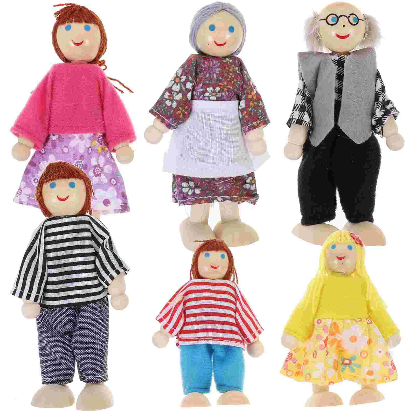 

Happy Family Dolls Playset: Wooden Figures Set of 6 People for Kids Children Pretend Gift 6pcs