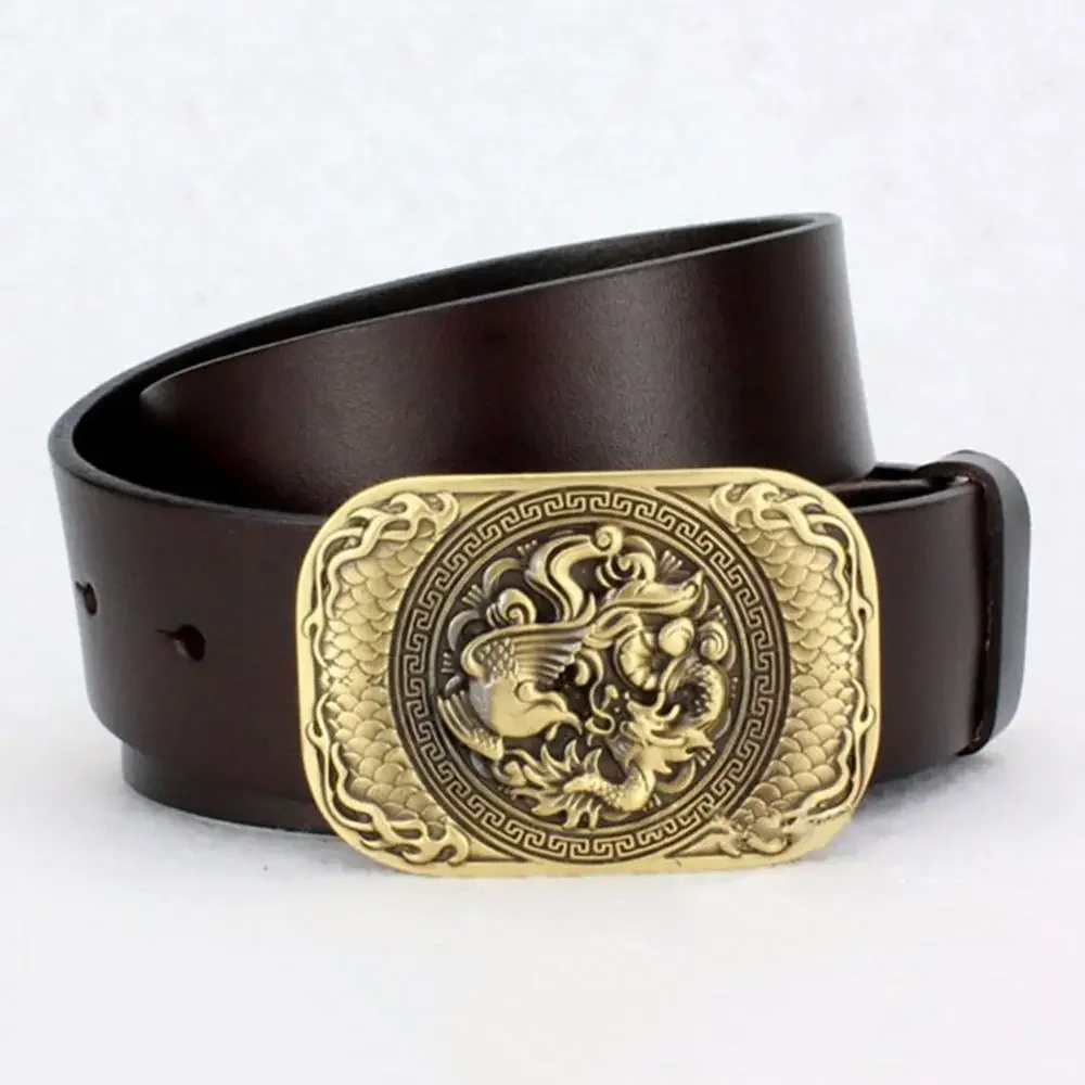 Top Luxury Quality Cowhide Genuine Leather Retro Ifeng Dragon Pattern Brass Slide Buckle Metal Belts for Men Jean Strap Designer