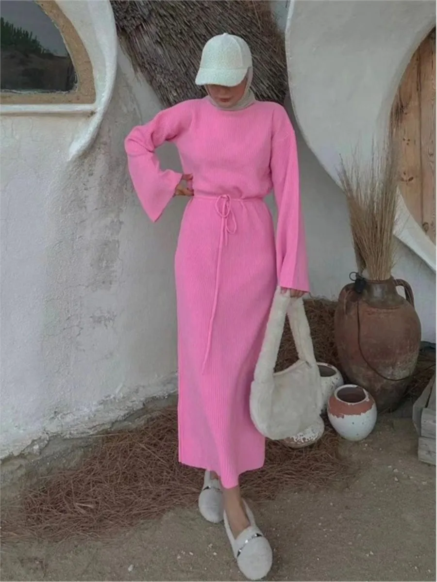 

Pink Loose Bandage Knitted Midi Dress Women Autumn Streetwear Casual Long Sleeve O-neck Long Dresses Simple Fashion Vestidos