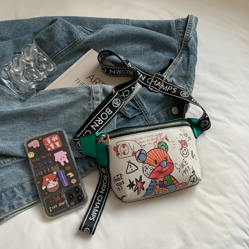 Cute Cartoon Doodle Bear Waist Bag Women Shoulder Crossbody Bags Lady Banana Chest Bag Casual Funny Bag Female Handbag and Purse