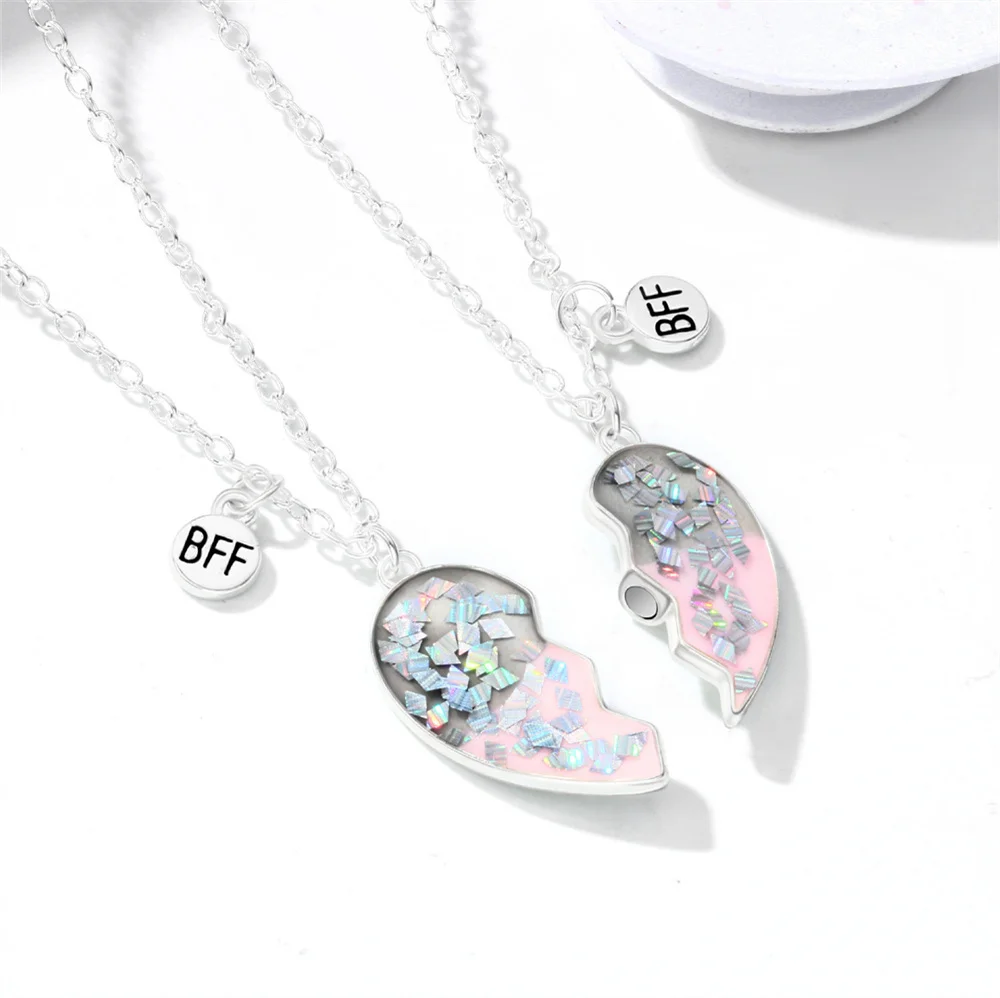 2Pcs Cute Gradient Butterfly Magnet Necklace for Women Korean Fashion Broken Heart Clavicle Chain BFF Best Friends Jewelry Gifts 2
