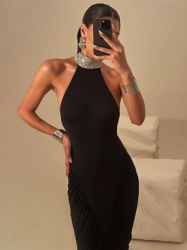 Nibber Button Stripe Turtleneck Maxi Dress Women Backless Folds High Split Sleeveless Elegant Fashion Banquet Chic Vestidos